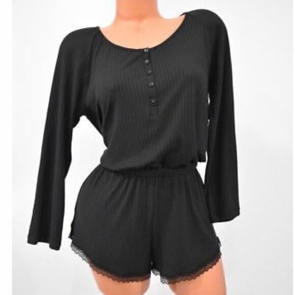 Victoria's Secret  Supersoft  Ribbed long sleeve Romper Black Large - Picture 1 of 4